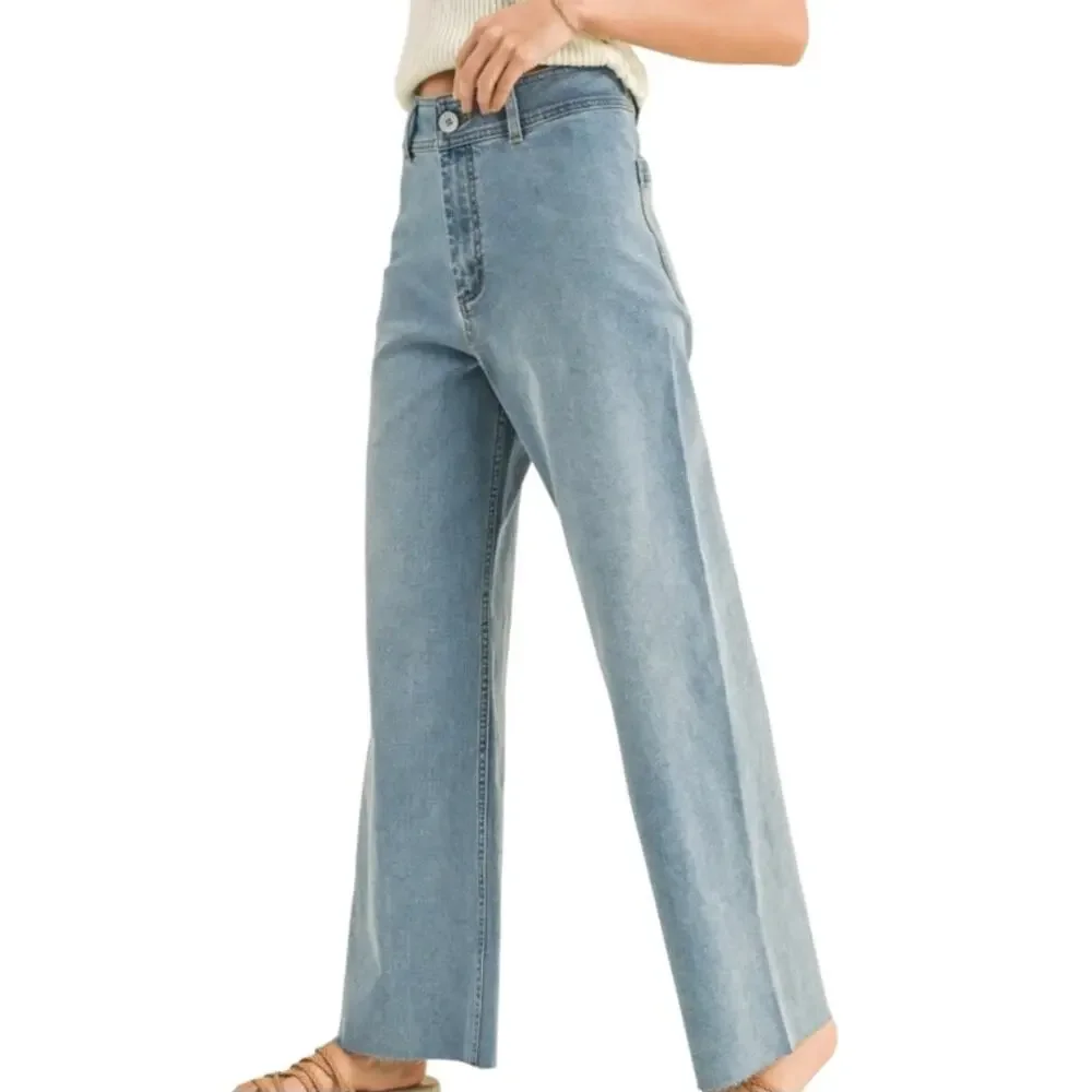 Miou Muse Womens High Rise Raw Hem Crop Wide Leg Jeans Size M NWT